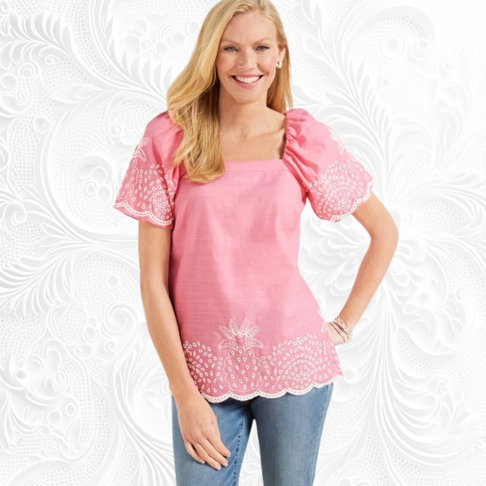 Talbots Linen Blend Tunic Small Puff Sleeve‎ Pineapple Embroidered Eyelet Trim